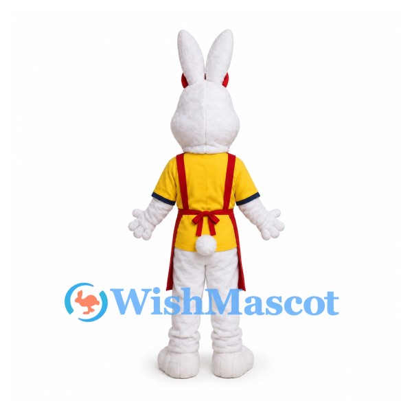 Rabbit Mascot Costume with Red Apron and Yellow Shirt