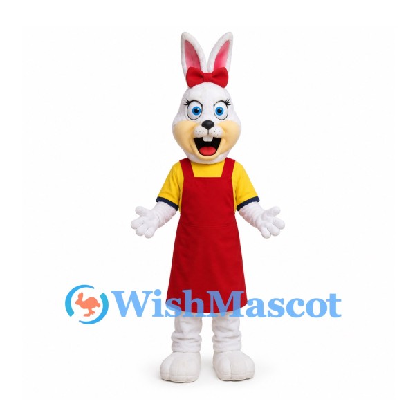 Rabbit Mascot Costume with Red Apron and Yellow Shirt