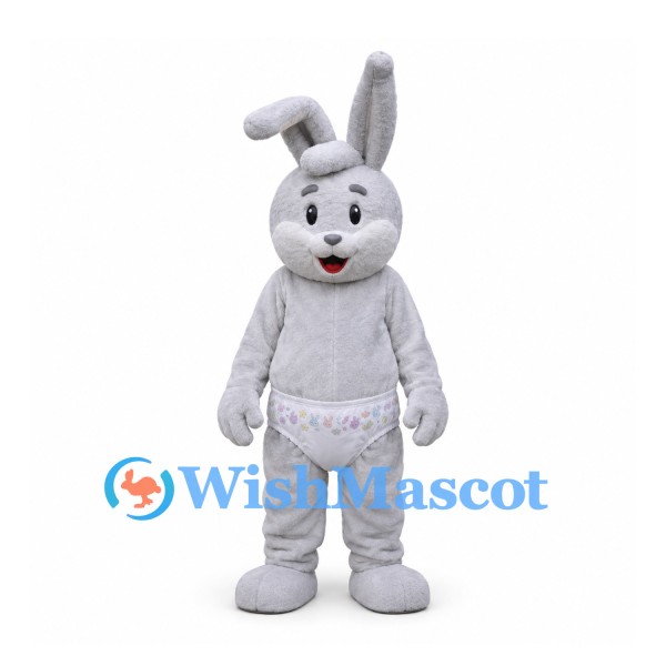 Baby Rabbit Mascot Costume in Gray with Printed Diaper