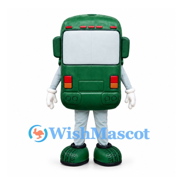 Bus Mascot Costume in Green with Smiling Face