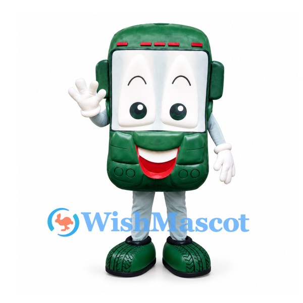 Bus Mascot Costume in Green with Smiling Face