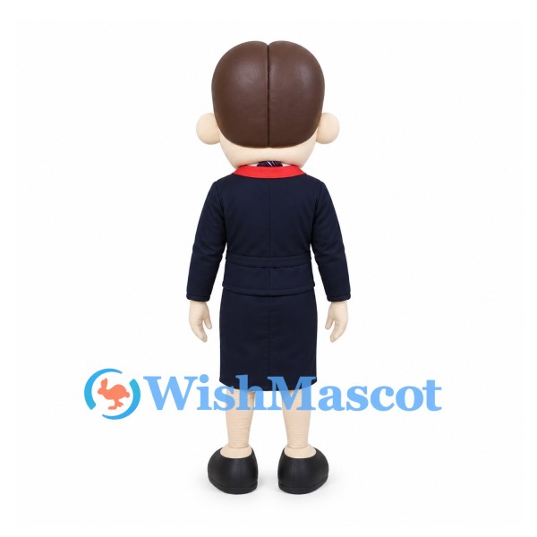 Flight Attendant Mascot Costume with Navy Skirt Suit and Red Scarf
