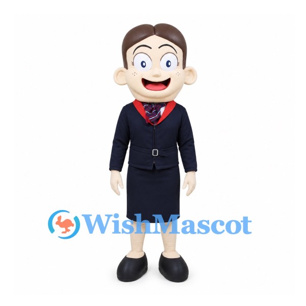 Flight Attendant Mascot Costume with Navy Skirt Suit and Red Scarf