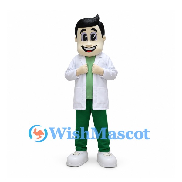 Doctor Mascot Costume with White Coat and Green Scrubs