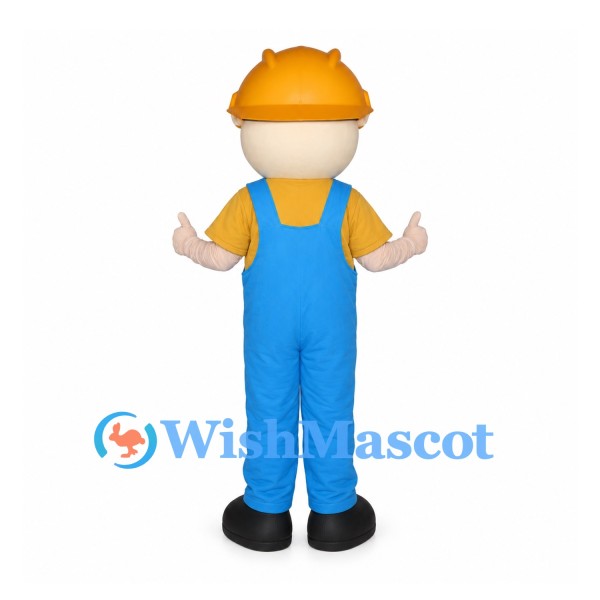 Construction Worker Mascot Costume with Blue Overalls and Orange Hard Hat