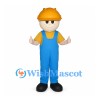 Construction Worker Mascot Costume with Blue Overalls and Orange Hard Hat