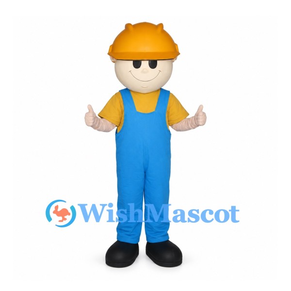 Construction Worker Mascot Costume with Blue Overalls and Orange Hard Hat