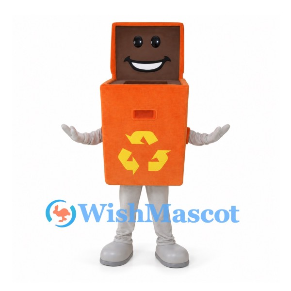 Recycling Bin Mascot Costume in Orange with Open Lid