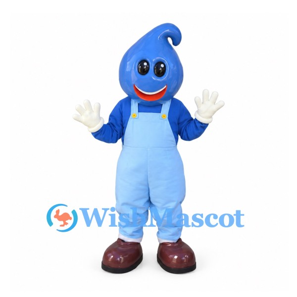 Water Drop Mascot Costume in Blue with Pale Blue Overalls