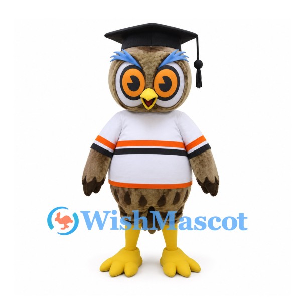 Owl Mascot Costume with Graduation Cap and Striped Shirt
