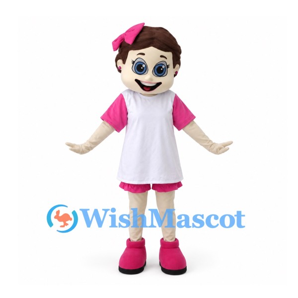Girl Mascot Costume with Pink Bow and White Shirt