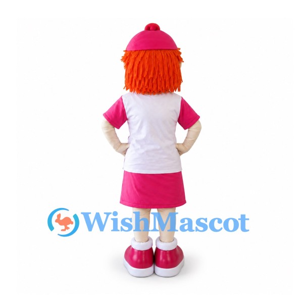 Girl Mascot Costume with Orange Hair and Pink Cap