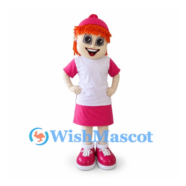 Girl Mascot Costume with Orange Hair and Pink Cap