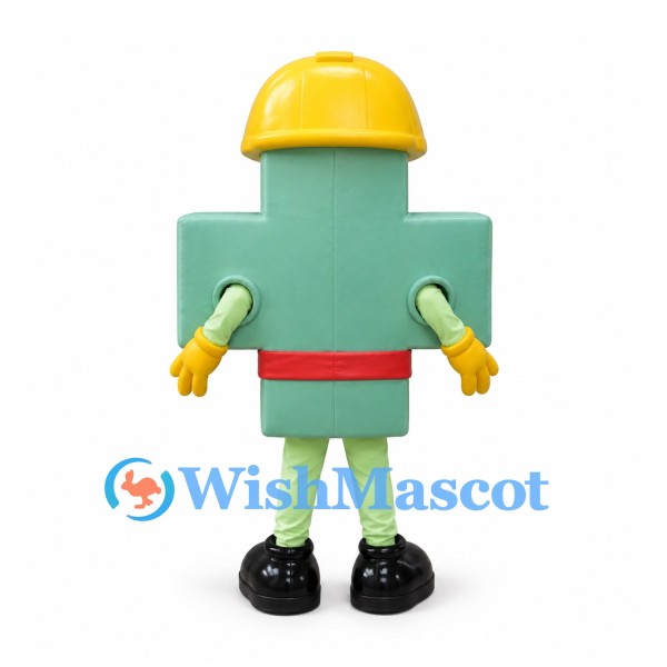 Cross Mascot Costume in Green with Yellow Hard Hat