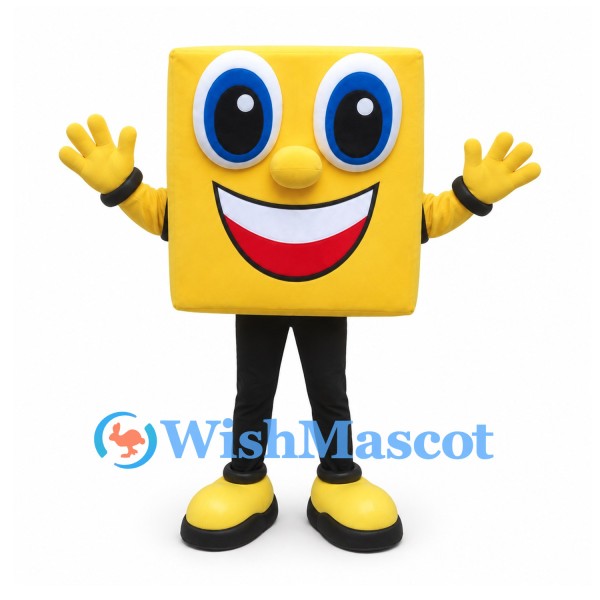 Cube Mascot Costume in Yellow with Smiling Face