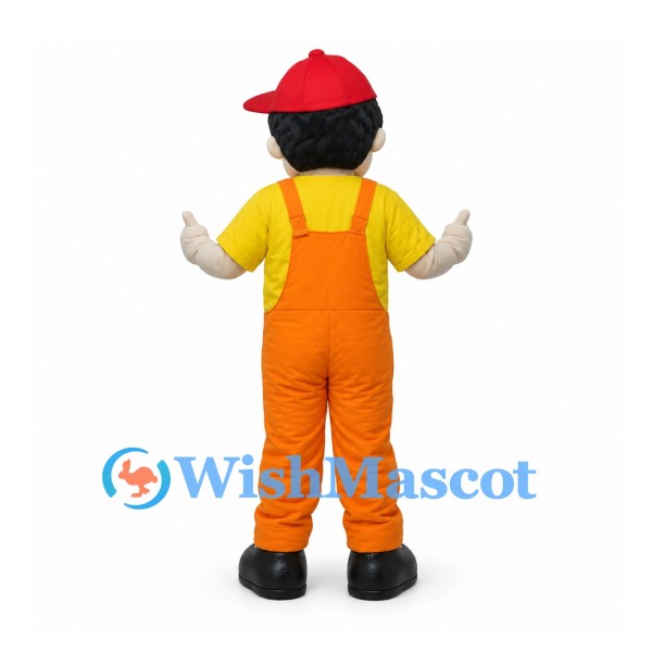 Boy Mascot Costume with Orange Overalls and Red Cap