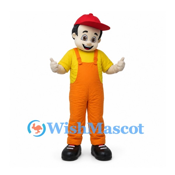 Boy Mascot Costume with Orange Overalls and Red Cap