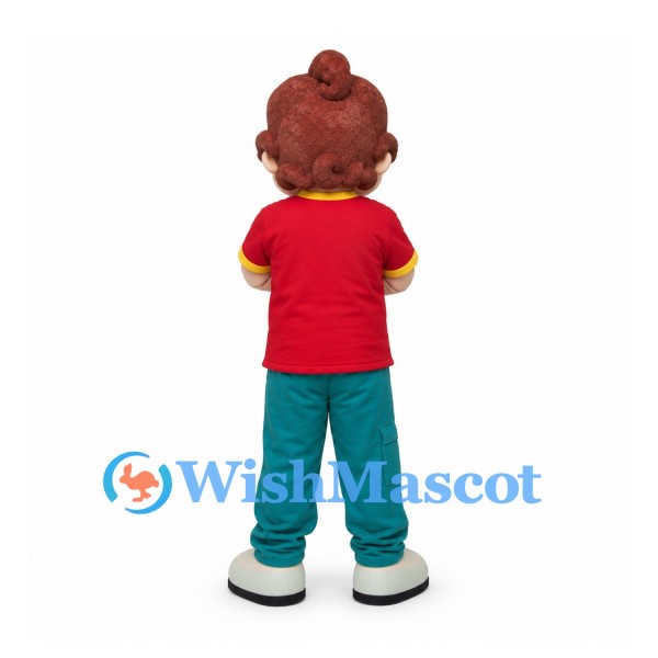 Boy Mascot Costume with Curly Brown Hair and Red Shirt