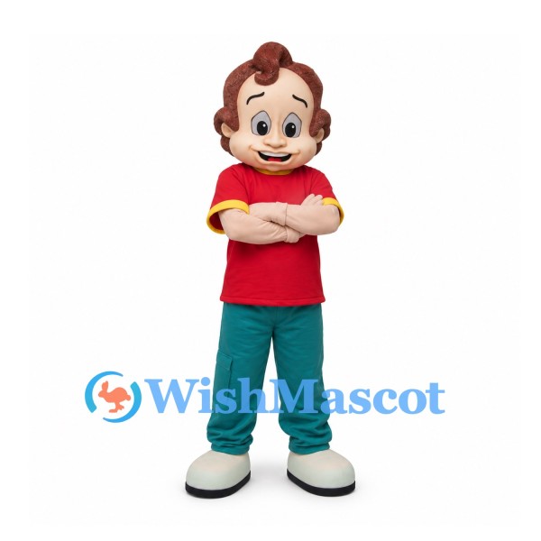 Boy Mascot Costume with Curly Brown Hair and Red Shirt