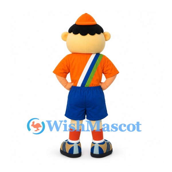 Boy Mascot Costume with Orange Cap and Rainbow Suspenders