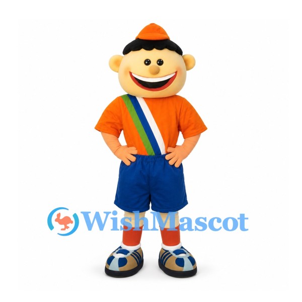 Boy Mascot Costume with Orange Cap and Rainbow Suspenders