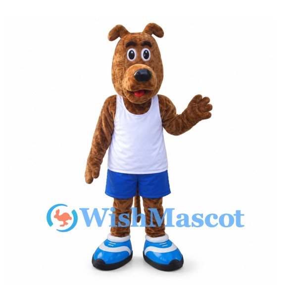 Dog Mascot Costume in Brown with White Tank Top and Blue Shorts