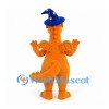 Dragon Mascot Costume in Orange with Blue Wizard Hat