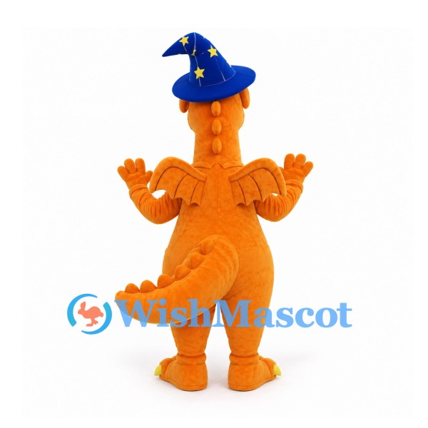 Dragon Mascot Costume in Orange with Blue Wizard Hat