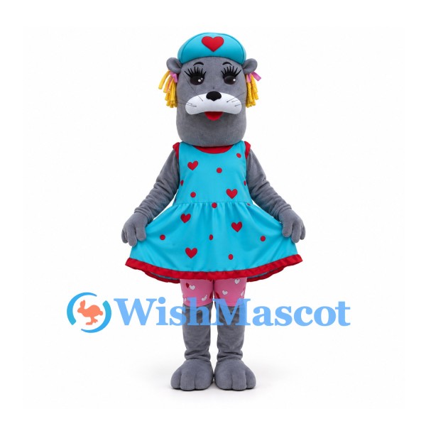 Dog Mascot Costume in Gray with Blue Heart Dress