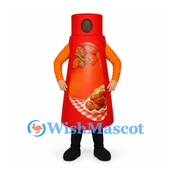 Ketchup Bottle Mascot Costume in Red with Food Label