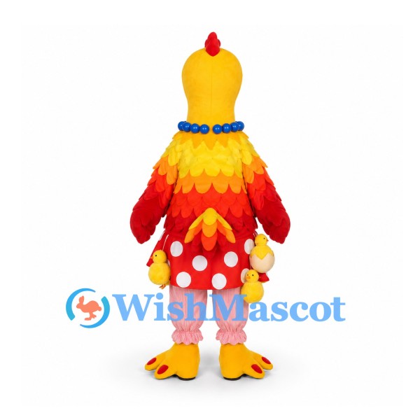 Chicken Mascot Costume with Red Polka Dot Skirt and Necklace