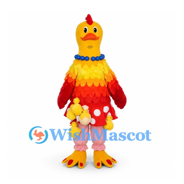 Chicken Mascot Costume with Red Polka Dot Skirt and Necklace