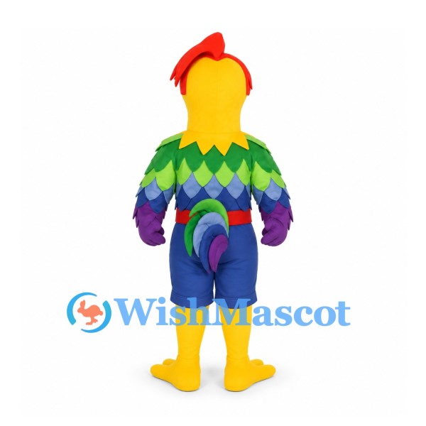 Rooster Mascot Costume with Rainbow Feathers and Blue Shorts