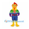 Rooster Mascot Costume with Rainbow Feathers and Blue Shorts