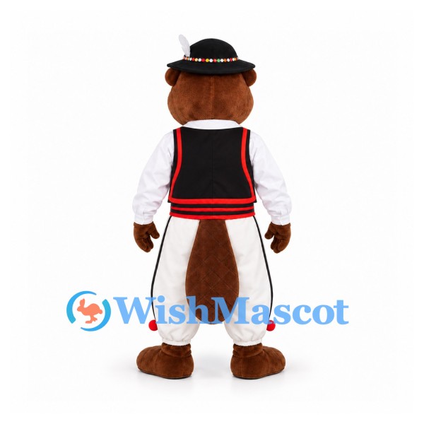 Beaver Mascot Costume with Black Hat and Embroidered Folk Outfit