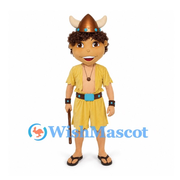 Caveman Mascot Costume with Tan Tunic and Horned Hat