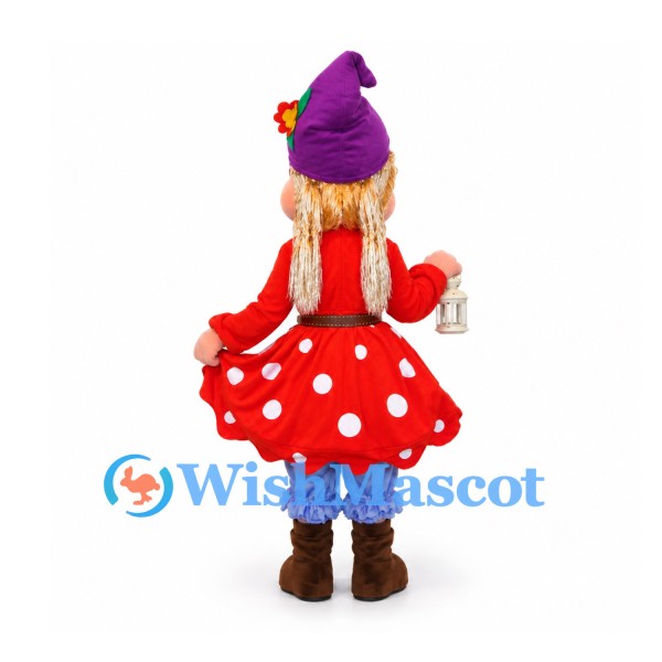 Witch Mascot Costume with Purple Hat and Red Polka Dot Dress