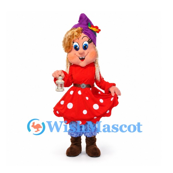 Witch Mascot Costume with Purple Hat and Red Polka Dot Dress