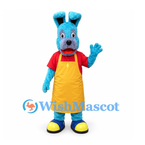 Rabbit Mascot Costume in Blue with Yellow Apron