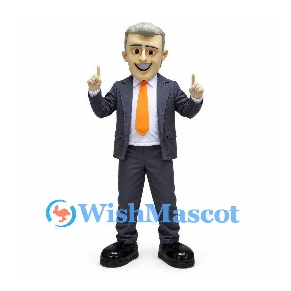 Businessman Mascot Costume with Gray Suit and Orange Tie