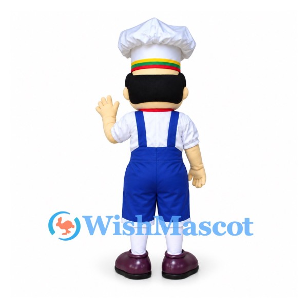 Chef Mascot Costume with White Hat and Blue Overalls