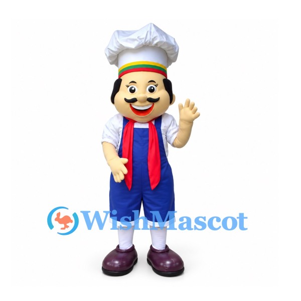 Chef Mascot Costume with White Hat and Blue Overalls