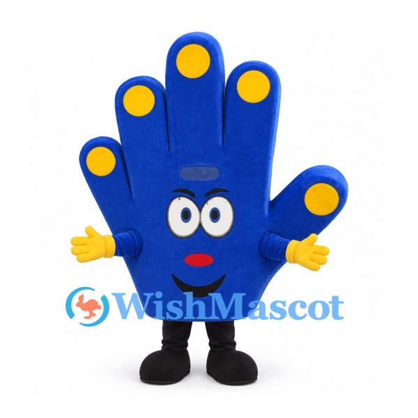 Hand Mascot Costume in Blue with Yellow Fingertips