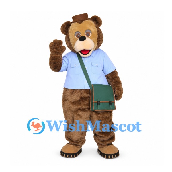 Bear Mascot Costume with Blue Shirt and Shoulder Bag