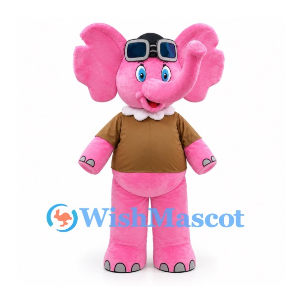 Elephant Mascot Costume in Pink with Aviator Goggles