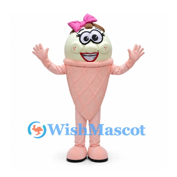 Ice Cream Cone Mascot Costume in Pink with Glasses and Bow