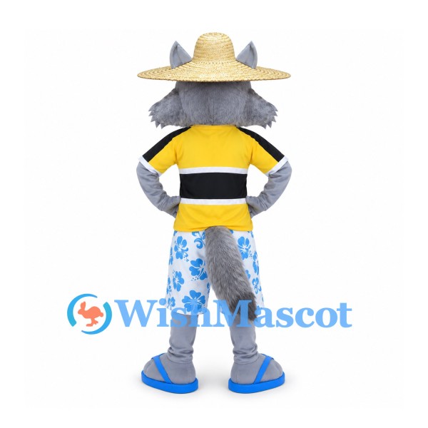 Wolf Mascot Costume with Straw Hat and Floral Shorts