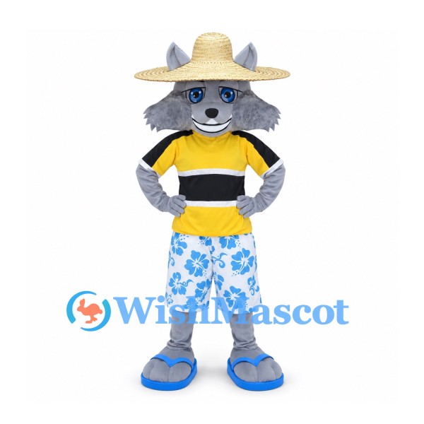 Wolf Mascot Costume with Straw Hat and Floral Shorts