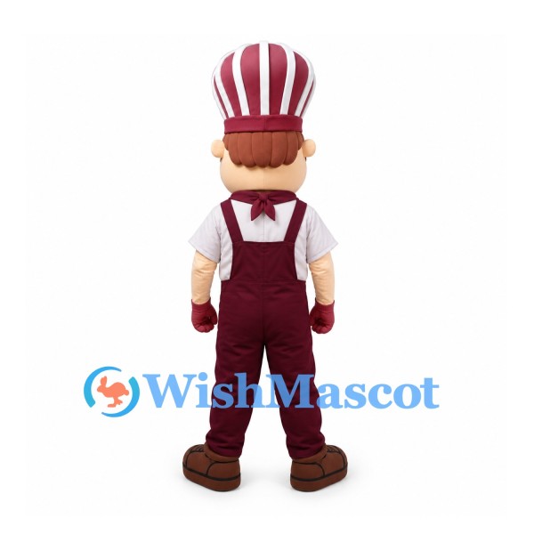 Chef Mascot Costume with Burgundy Apron and Striped Hat
