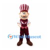 Chef Mascot Costume with Burgundy Apron and Striped Hat